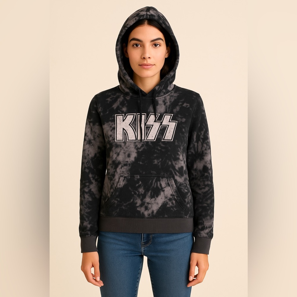 Kiss | Greyscale Tie Dye Hoodie Sweater - Small